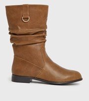 New Look Tan Leather-Look Mid Calf Slouch Boots